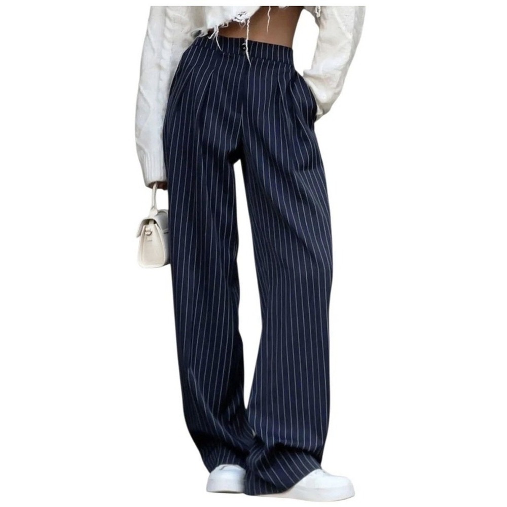 Commense Blue Pinstripe Wide Leg Trousers Pants‎ NWT Medium Office Siren